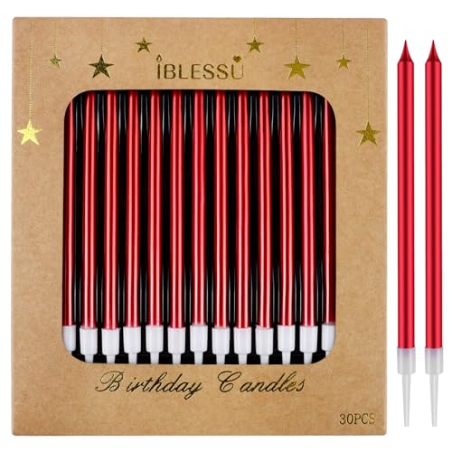 IBLESSU 30 Long Birthday Candles - Tall Party Candles, Red