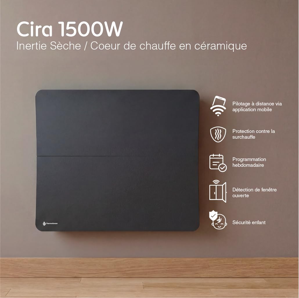 Radiatore elettrico collegato 1500W doppio sistema di riscaldamento orizzontale Nero Cira