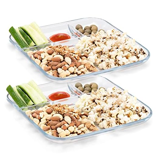 Navaris Glass Divided Plates (Set of 2) - 4 Section Divider Snack Plate for Adults, Serving, Portion Control - Square Clear Platter with Food Dividers