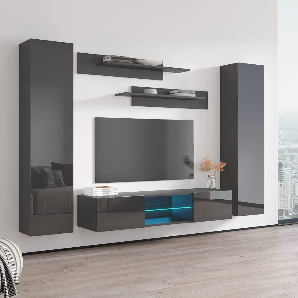 Meble Furniture Fly AB2 33TV Stand Wall-Mounted Entertainment Center — Floating Modern TV Console with Storage Shelves and LED Lights, 65.4 x 15.7 x 18.1 in — Grey