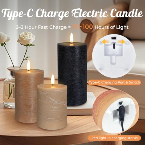 Image of LEDHOLYT Rechargeable Flameless LED Pillar Candles-Luminous Real Wax Indoor Home Decor-Set of 3, Realistic Flickering LED Flame,Remote & Timer, USB-Rechargeable(Caramel Beige)