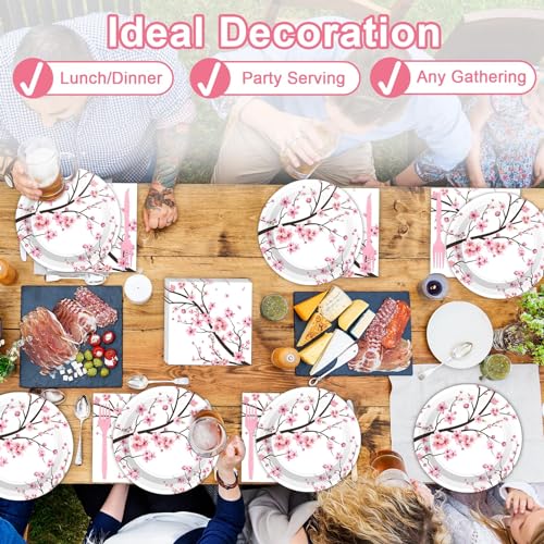 Image of Qyeahkj 100 PCS Cherry Blossom Party Supplies Set Cherry Blossom Plates and Napkins Japanese Disposable Paper Party Tableware Forks Packs Decorations for Hibachi Spring Birthday Decoration Serve 25