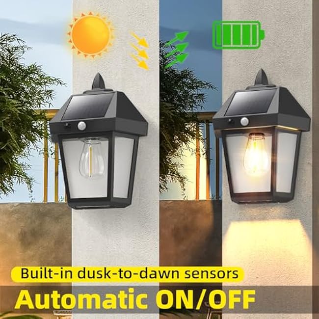 DERAYSION Solar Porch Lights Outdoor, 9 Inch Solar Wall Lanterns with Motion Sensor, 3 Mode Adjustable Brightness Waterproof Outdoor Solar Lights for Porch Door Patio Fence Garage -2 Pack