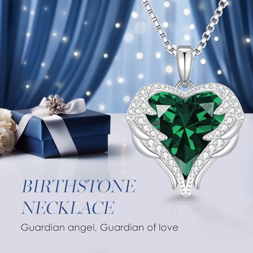 CDE Angel Wings Necklace for Women with Birthstone, Love Heart Silver Tone/Gold Tone Pendant, Ideal Anniversary or Birthday Jewelry Gifts for Wife Girlfriend Her4