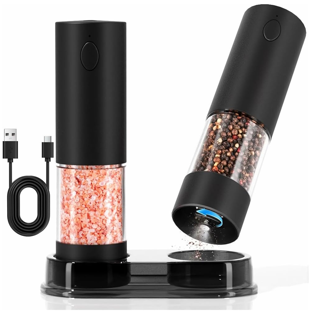 Vjsujehgy Adjustable Coarseness Electric Salt and Pepper Grinder Set USB Rechargeable Automatic Pepper Mill and Salt Grinder