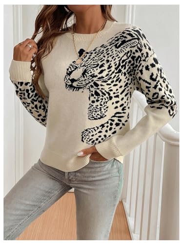 Image of SOLY HUX Women's Vintage Leopard Print Long Sleeve Round Neck Jumper