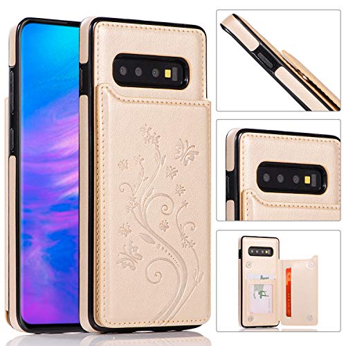 QFUN Back Wallet Case for Samsung Galaxy S10 Plus with Stand, Elegant Embossed Design [Butterfly Flower] Lightweight Slim Fit Leather Phone Case with Card Holder Protective Bumper Flip Cover - Gold