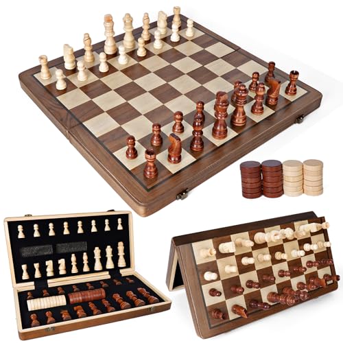 Ajedrez Magnetico Plegable, 2 en 1 Ajedrez Madera 39×39 cm Tablero de Magnetic Chess Game, Chess Set Damas Juego de Mesa con Bolsa de Almacenamiento, Juego para Viaje y Fiesta