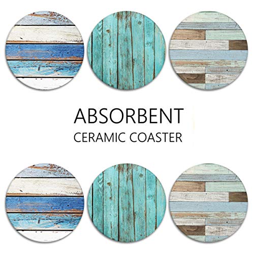 Britimes Set of 6 Coasters for Drinks Absorbent Retro Wood with Cork Base, Metal Holder, Round Stone Drink Mat for Wood Table, Gift for Birthday, Housewarming Room Bar Decor