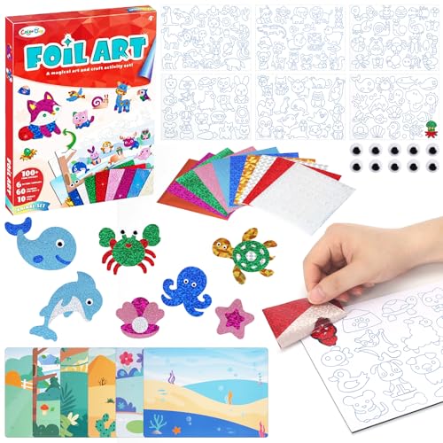 TPTGIAR Folienspaß Kinder, Tier Kunst & Bastelaktivität, Schmutzfreie Kunst für Jungen Mädchen, Bastelsets Foil Art Kinder, DIY-Aktivität, Geschenke für 4 bis 9 Jahre Reisespielzeug