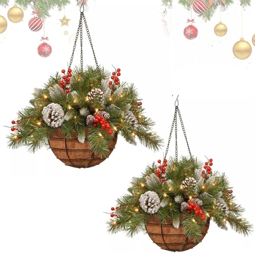 2 Set Christmas Outdoor Decor Cedar Artificial Hanging Baskets with Lights - image 8