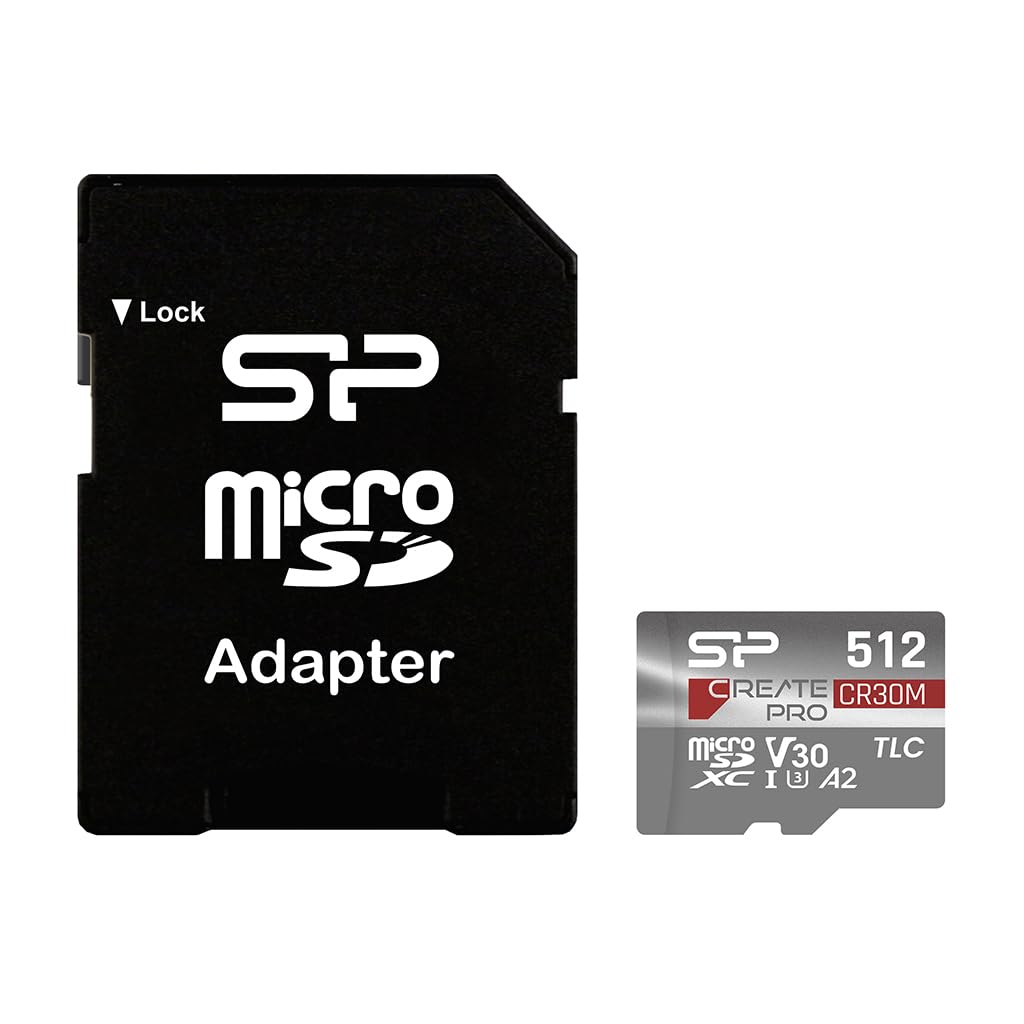 Silicon Power CreatePro CR30M Tarjeta de memoria microSDXC con adaptador UHS-I U3 A2 V30 4K Micro SD compatible con drones, Nintendo Switch, cámara de salpicadero y cámara de vigilancia