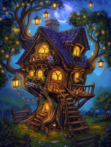 Peinture Numero Adulte Cabane dans les arbres Peinture Numero Arbre Paint by Numbers Kits avec Pinceaux et Acryliques Painting by Numbers pour Décoration Intérieure Cadeau 30x40cm (sans Cadre) -h38B