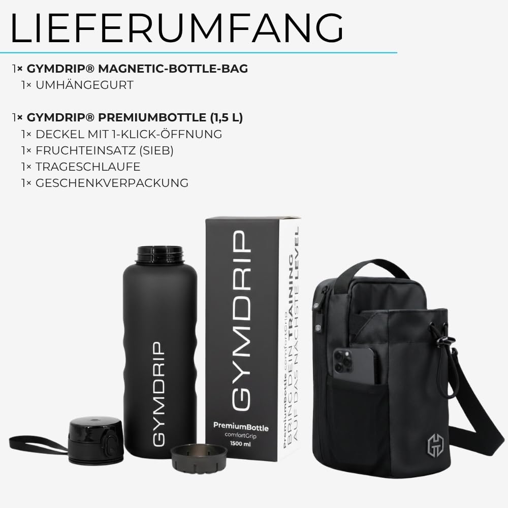 Magnetic-Bottle-Bag + 1,5L Premium Trinkflasche – Gym Bundle mit Flaschenhalter, Früchteeinsatz & Zubehörfach