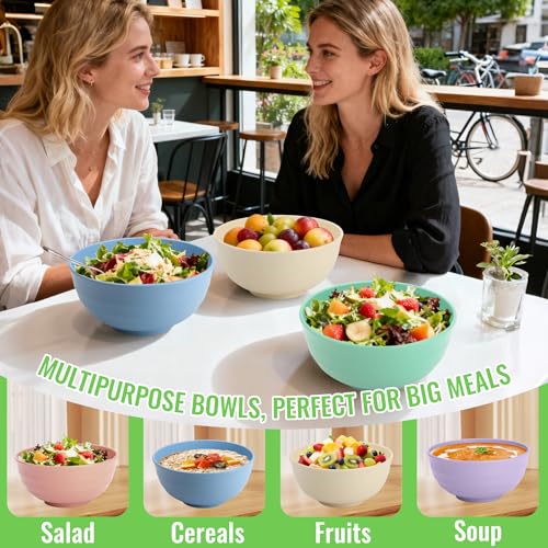 Image of Large Serving Bowls Set of 6, 60 OZ Wheat Straw Bowls Unbreakable, Microwave Safe & Dishwasher Safe, Perfect for Parties, Salads, Noddles, Cereal, Soup, Family Gatherings, Colorful