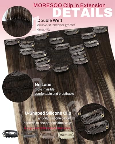 Image of Moresoo Human Hair Clip in Extensions Ombre Dark Brown to Caramel Blonde Hair Extensions Real Human Hair Clip ins Brown to Blonde Balayage for Women Long 120g /7pcs 24 inch