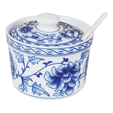 123Arts Ceramic Blue and White Sugar Bowl Spice Jar with Lid Spoon Seasoning Pot Cover