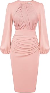 Vestido de mujer con cuello redondo fruncido, manga larga, vestido de fiesta