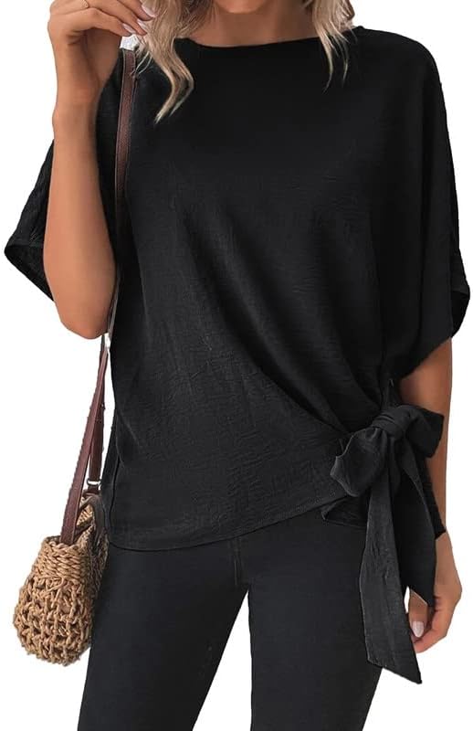 CORIRESHA Women's Batwing Sleeve Knot Side Tie Round Neck Loose Blouse Shirt Top