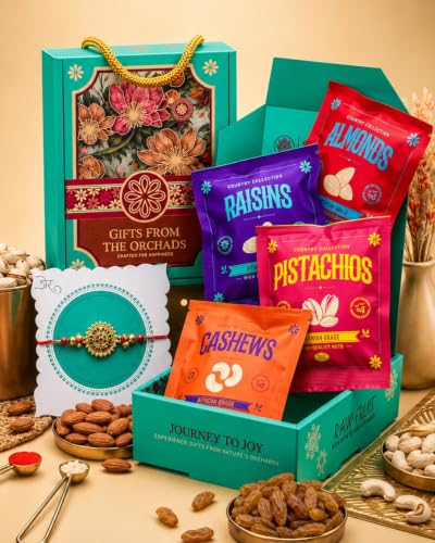 Image of Hyperfoods Rakhi Set for Brother With Dry Fruits Set RawFruit Gifts From The Orchards Dry fruit Gift Box 120 Grams, Cashews, Almonds, Pista, Raisins (30Gm Each) with Rakhi Gift Hamper For Brother with Roli & Rice