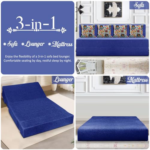 Image of Los Angeles Foldable Four Seater Sofa Cum Bed, Sofa Bed 6 X 6 Feet Jute Fabric Washable Cover- Including Cushion Perfect for Living Room - Blue
