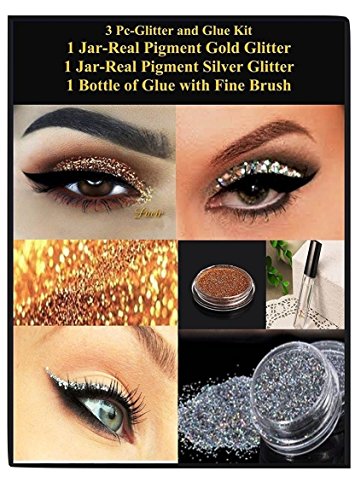 LUCIR Real Eye Glitter Cosmetic Make up Professional Fine Precision Gold Silver,Glue Brush Kit MakeUp Pigments Long Lasting Colorful Shining Eyeliner Shadow Sparkling 3pc Combo Shimmering Eye Shadow