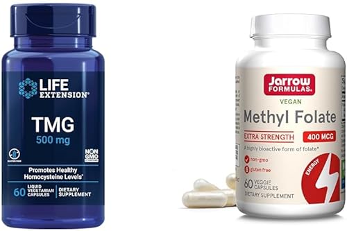 Life Extension TMG 500 mg  Suplemento de trimetilglicina  Fomenta niveles saludables de homocisteína y fórmulas Jarrow Extra Strength Metil Folato
