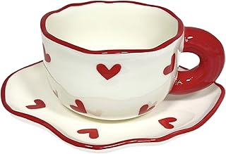 Soulnioi Ceramic Coffee Mug, Cute Cappuccino Cup and Saucer Set, 180ML Handpainting Tea Cup Milk Cup for Gift - Red Heart