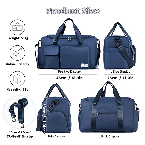 Fioretto Womens Mens Sports Gym Bag Duffle Bag With Shoes Compartment, Weekend Travel Bag Overnight Bag For Women, Foldable Water Resistant Holdall Hospital Bag For Swimming, Basketball (Navy Blue) #TOP1