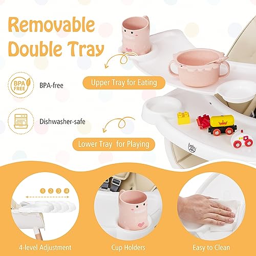 Image of BABY JOY Baby High Chair, Wooden High Chair for Babies & Toddlers with Dishwasher Safe Double Removable Tray, Infant Feeding Chair with 5-Point Safety Harness & Detachable PU Seat Cushion (Beige)