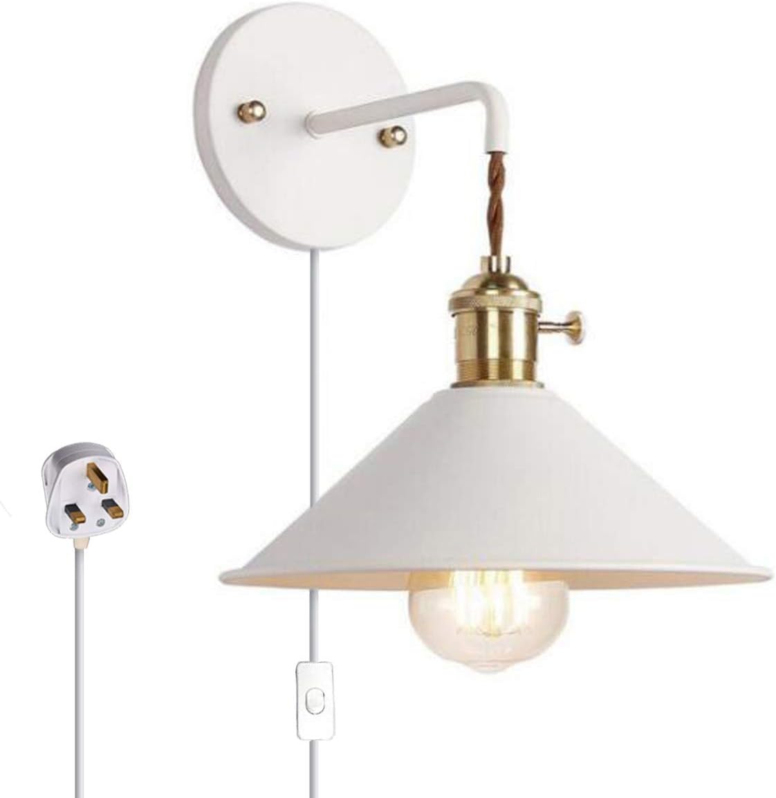 FSLiving Wall Sconce Wall Lamps Lighting Fixture with ON Off Switch and Practical Plug,White Macaron Wall lamp E27 Edison Copper lamp Holder Bedside lamp Bathroom Vanity Lights