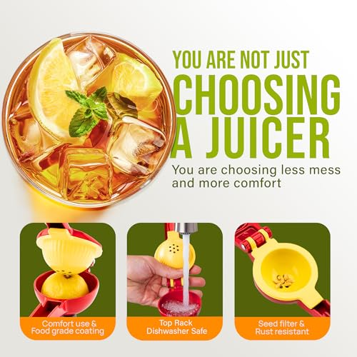 Image of Zulay Kitchen Metal 2-in-1 Lemon Squeezer - Sturdy Max Extraction Hand Juicer Lemon Squeezer Gets Every Last Drop - Easy to Clean Manual Citrus Juicer - Easy-Use Lemon Juicer Squeezer - Red /Yellow