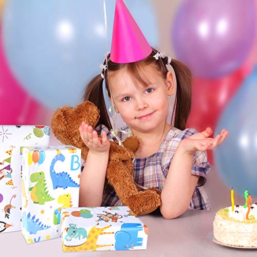 PLULON 6 Sheets Kids Dinosaur Happy Birthday Gift Wrapping Paper, Cute Cartoon Animal Birthday Wrapping Paper, Gift Wrap Paper Craft Present for Gift and Party - Image 3