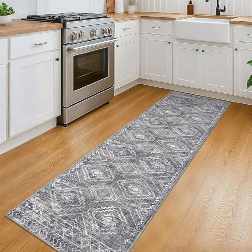 KILOCOCO Boho Kitchen Runner Rug 2x6 Washable Runner Rug Soft Runners for Hallways Non Slip Printed Distressed Laundry Room Rugs, Low-Pile Runners for Entryway Bedroom Living Room, Grey