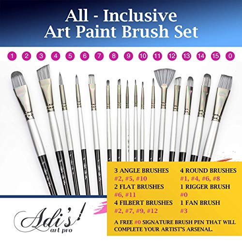 Adi's Art Pro Paint Brushes Set for Acrylic Oil Watercolor, Artist Face and Body Professional Painting Kits with Synthetic Nylon Tips (Black, 15)