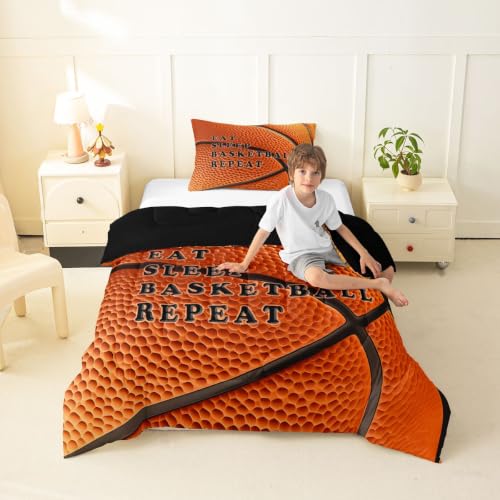 Image of Feelyou Basketball Comforter Set Twin Size Ball Pattern Bedding Set for Kids Boys Girls Eat Sleep Sports Theme Duvet Quilt Bedroom Decor Microfiber 2 Pcs with 1 Pillow Case