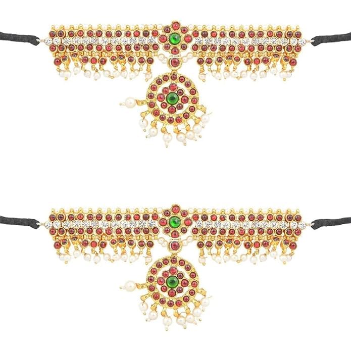 KB Traditional Bharatanatyam Jewelry Hand Vanki Simple Temple Kemp Jewelry Classical Dance Used for Kuchipudi Dance Performance and Wedding Events Red with White Stone-image-27