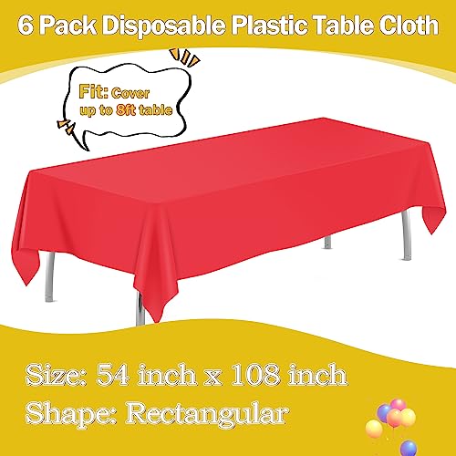 Image of tujol Red 6 Pack Plastic Table Cloth 54 inch x 108 inch, Disposable Tablecloths Rectangle Table Cover, Plastic Tablecloths for Parties