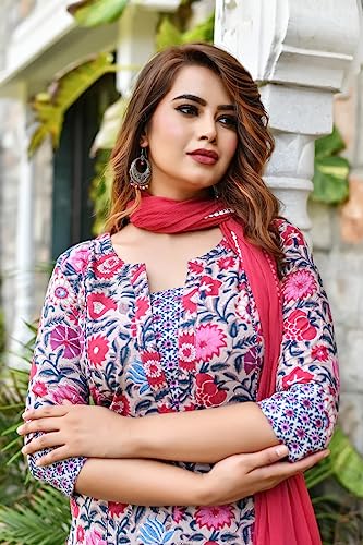 Image of Leriya Fashion Cotton Printed Kurta Sets for Woman | V Neck Festive Anarkali Suit for Women | Ethnic Kurta Set with Dupatta for Women | Wedding Kurti Set for Woman