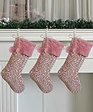 Vanteriam Pink Christmas Stockings, 3 Pack Large Blingbling Glitter Sequin Xmas Stockings with Pom Pom Balls for Family Kids Xmas Fireplace Holiday Party Decorations