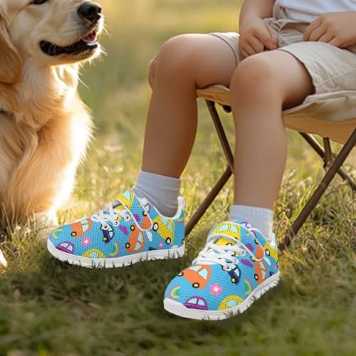 Boys Girls Sneakers Kids Lightweight Breathable Strap Athletic Running Shoes for Little Kid/Big Kid White Sole Cartoon Car Pattern3