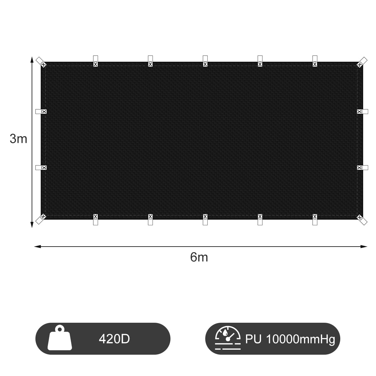 Honsaifau Waterproof Tarpaulin Outdoor Cover: Black 3m x 6m 420D Oxford Fabric Tarp Sheet with Reinforced Loops - Image 3
