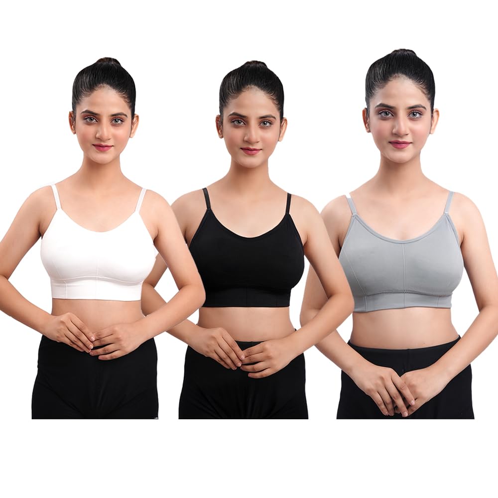 texello Women's Cotton Wire-Free Full Coverage Lightly Padded Sports Bra - Comfortable & Supportive Everyday Wear - Pack of 3 (Size- 34, Black, White, Grey 1)-picture-32