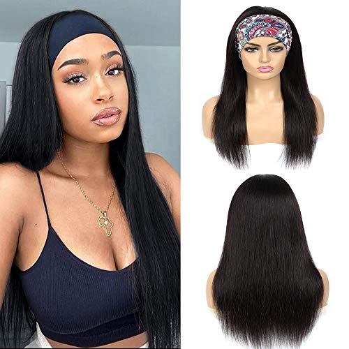 Doris beauty Headband Wig for Black Women Human Hair None Lace Front Wigs Straight Glueless Human Hair Wigs Headband Wigs Machine Made Headband Half Human Hair 150% Density (Straight 12inch, Black)