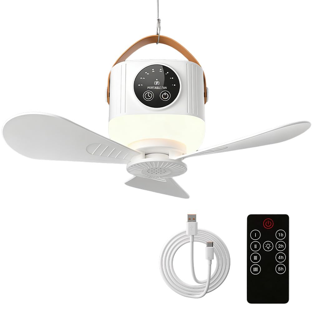 KUWUNG Portable Camping Fan, Ceiling Fan with LED Light, 7200 mAh USB Rechargeable Tent Fans Remote Control with 4 Speeds & 3 Brightness for Tent Car Picnics Travel Patio Canopy