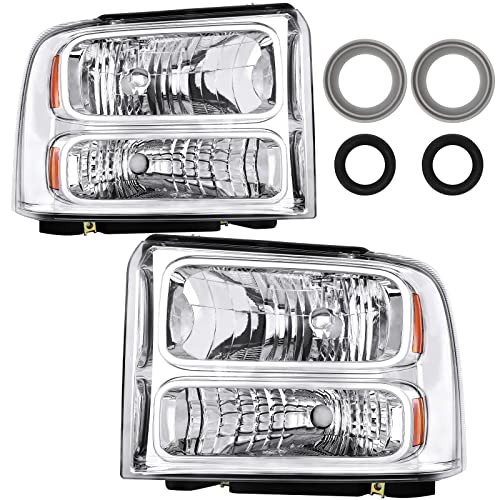 Bincmay Headlight Assembly Compatible with 2005-2007 2005 2006 2007 05 06 07 Ford F250 F350 F450 F550 Super Duty/2005 Ford Excursion (Chrome Housing Amber Reflector)