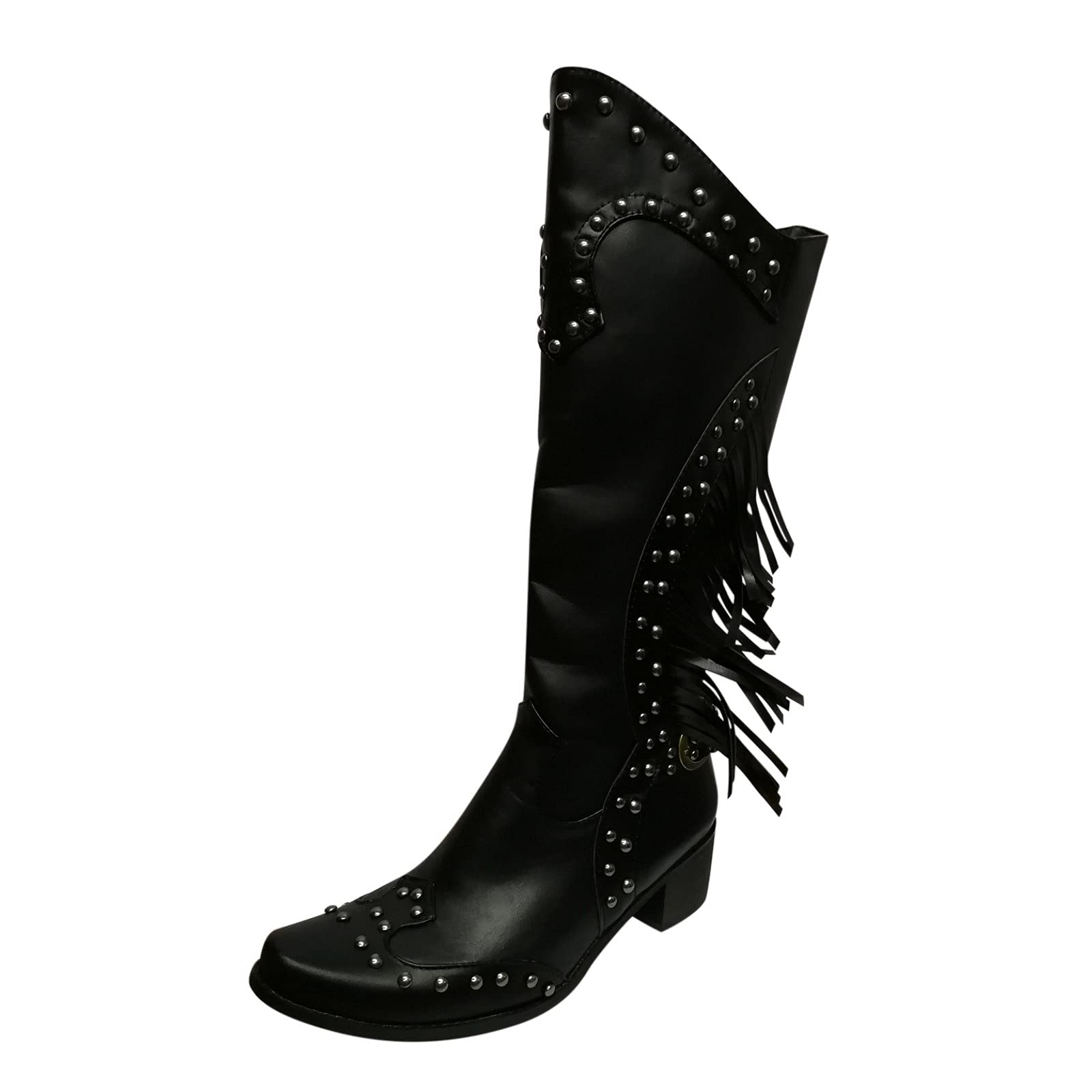 MRGIINR Womens Knee High Riding Boots Vintage Spikes Tassel Low Chunky Heel Studded Snip Almond Toe Equestrian Boots Closed Toe High Top Fashion Shoes Botas para Mujer