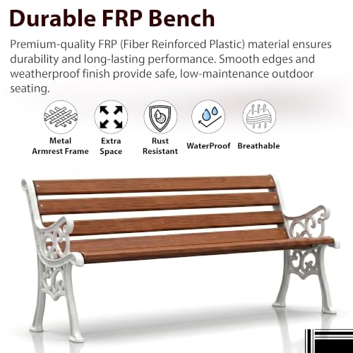 Image of BRISHI 3 Seater Cast Iron FRP Garden Bench for Indoor & Outdoor Park /Patio /Living Room /Terrace /Balcony (White + Brown)