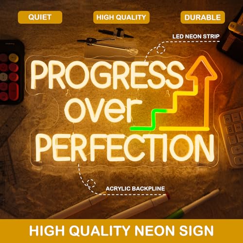 Image of Horseneon Progress Over Perfection Neon Sign Classroom LED Wall Decor for Students, Teachers & Study Areas, USB-Powered with Adjustable Brightness