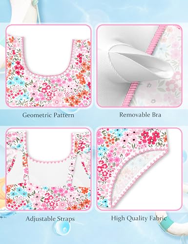Image of Girls Swimsuit Ruffled Square Neck Color Contrast Trim One Piece Bathing Suit Geometric Girls' Swimwear 9-16Y